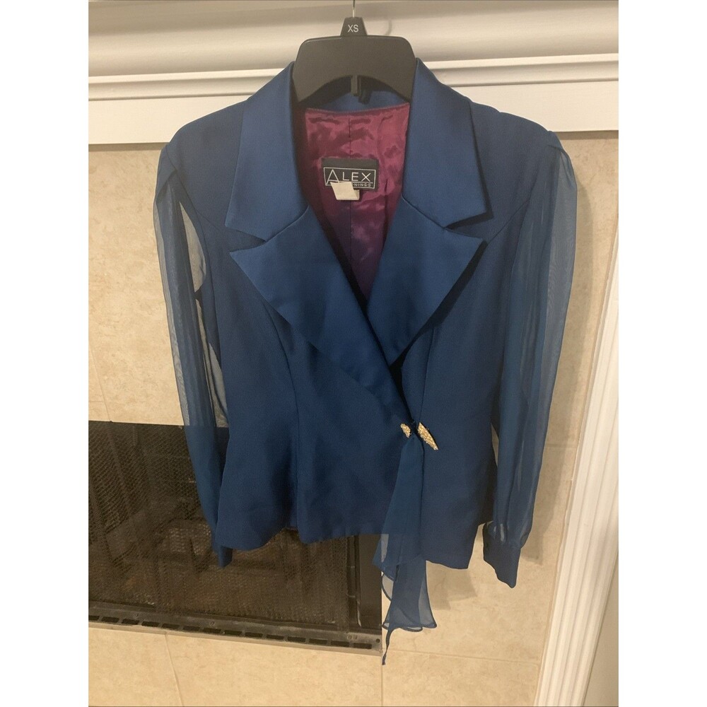 Alex Evenings Women's  Blazer Blue Beads Size 6 Sheer long sleeves